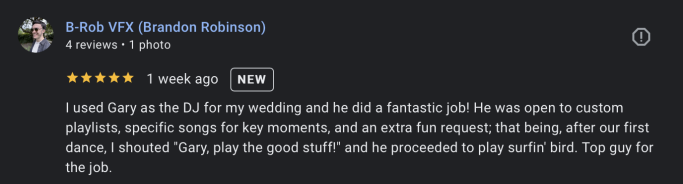 Client review praising DJ Gary Sulter’s wedding performance in Norfolk at the Boathouse