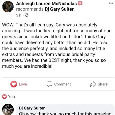 Norfolk wedding disco testimonial